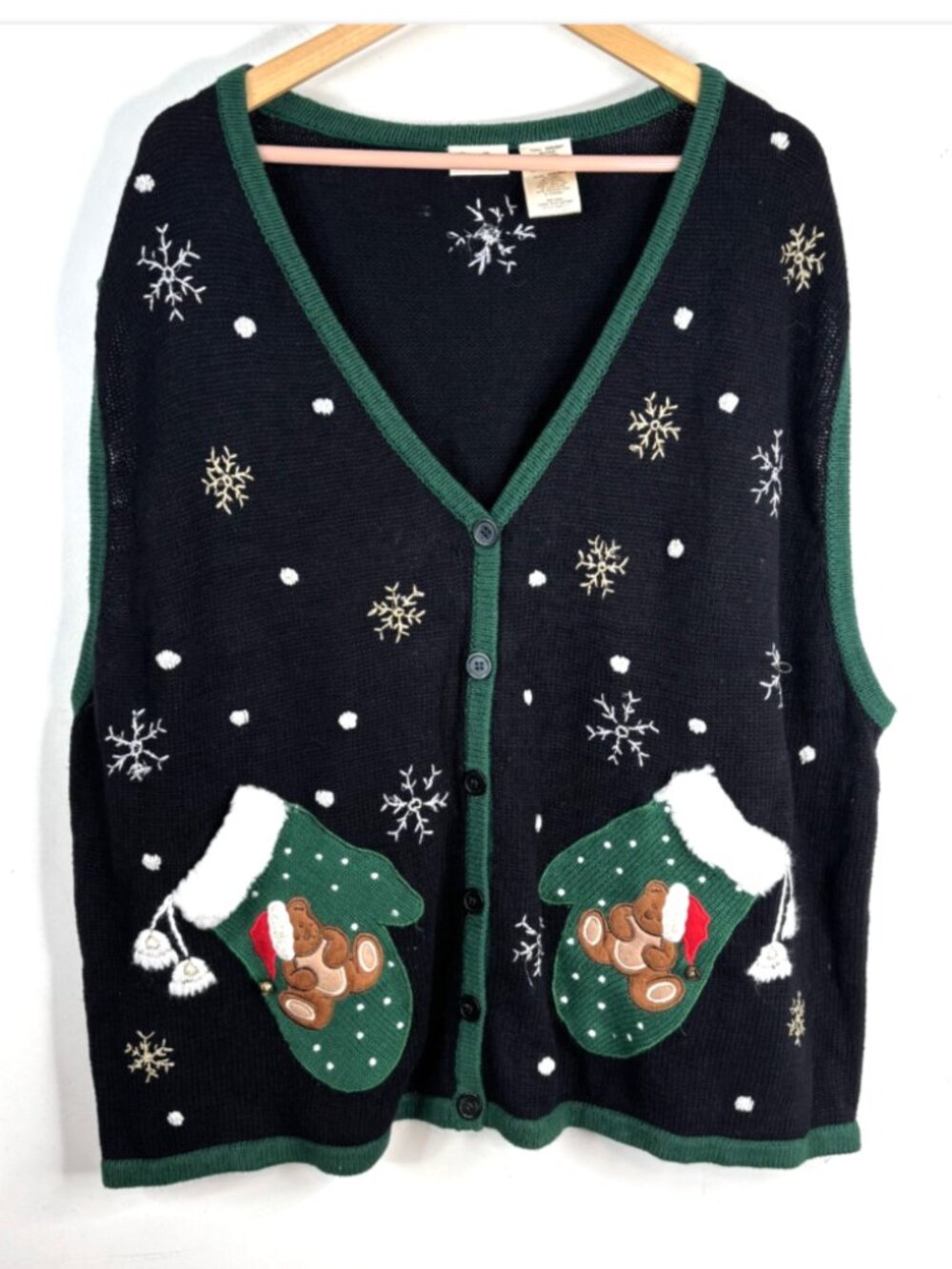 VTG 90s Bobbie Brooks Christmas Sweater Vest 26W/28W Teddy Bear Mitten Pockets